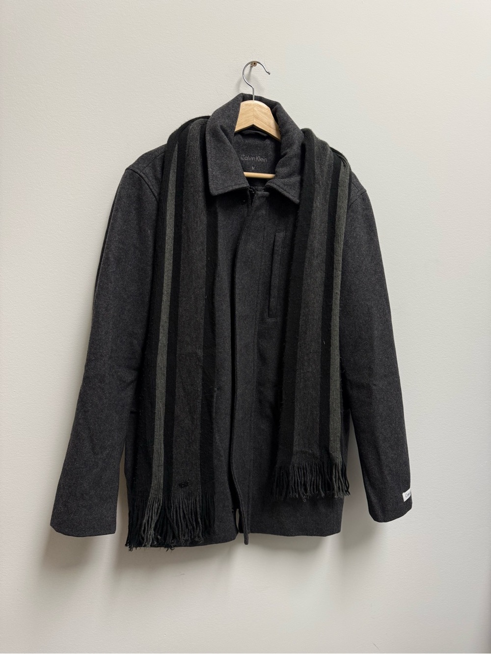 Calvin Klein Charcoal Gray Wool-Blend Pea Coat with Striped Scarf